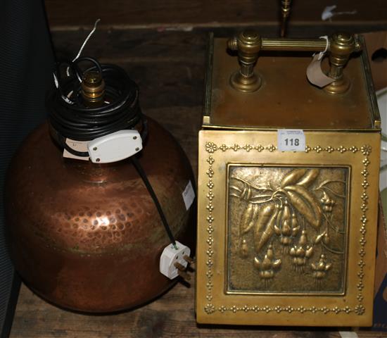 Victorian brass coal box, fuchsia-embossed, with shovel & a large copper and brass table lamp